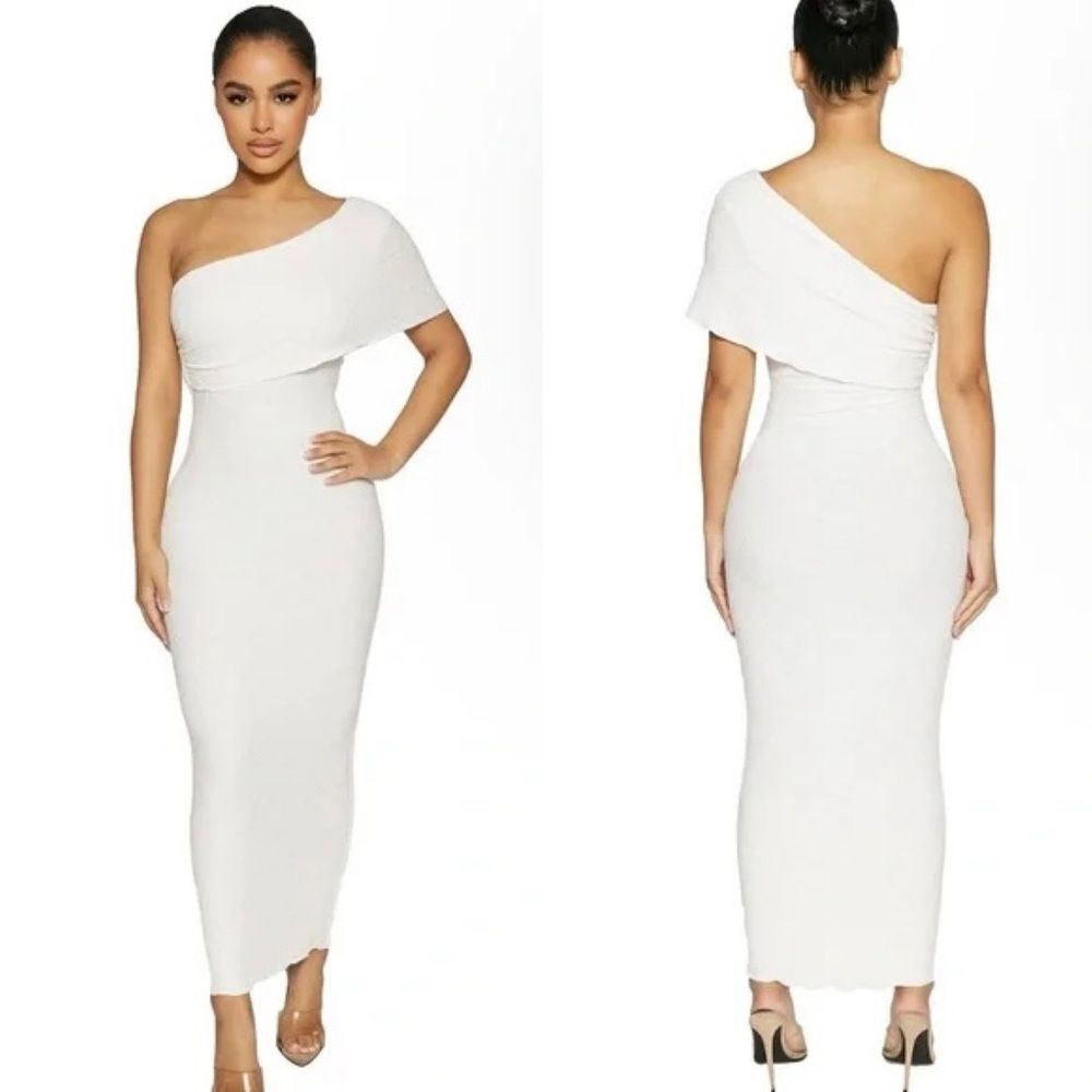 Naked Wardrobe Elegant One-Shoulder Textured White Dress L